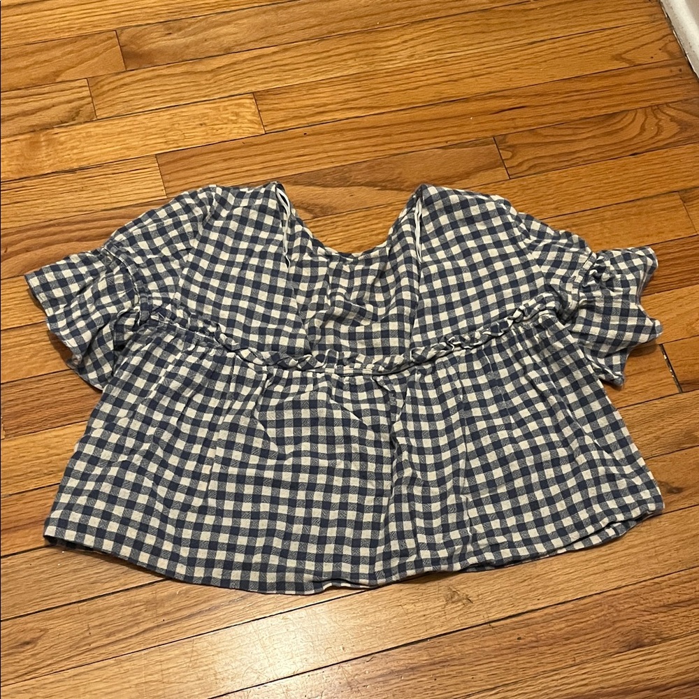 Zara Navy Checkered Ruffle Blouse - Picture 2 of 3